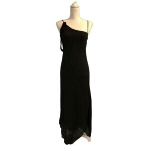 JENNI BUTTON black asymmetrical dress waffle strap